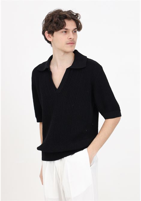 Black men's polo shirt with perforated texture and loose knit IM BRIAN | MA2805009